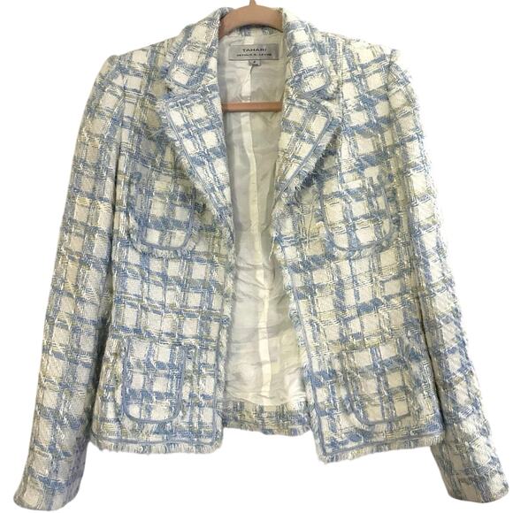 TAHARI Blue White Gold Open-Front Tweed Preppy Blazer Jacket Old Money - Sz 4 - Picture 1 of 5
